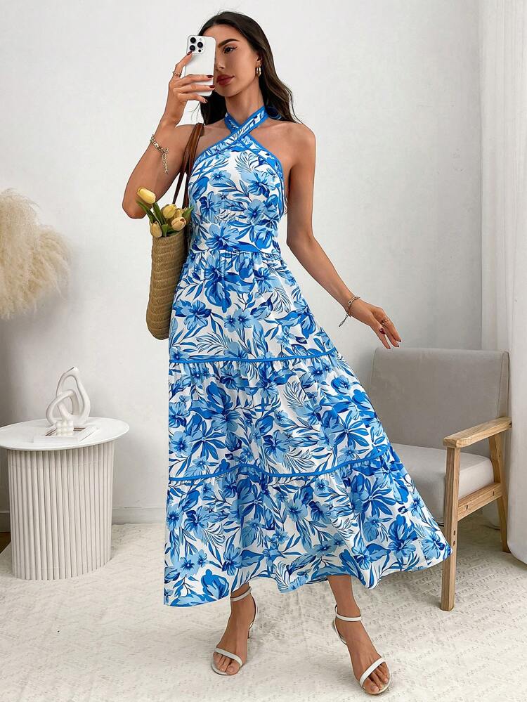 Women's Blue Floral Print Halter Midi Dress: Sleeveless Boho Summer Dress With Ruffle Hem And Tiered Skirt