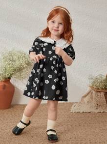 Blossori Baby Mädchen Schwarzes Blümchen Kleid mit gerüschtem Kragen, Frühling/Sommer