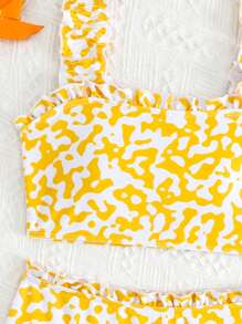 Preteen Tween Girl' Orange Ditsy Floral Wide Strap Ruffle Trim Bikini Swimwear, Mommy And Me Matching Outfits (3 Sets Are Sold Separately) - Multicolor - View 5