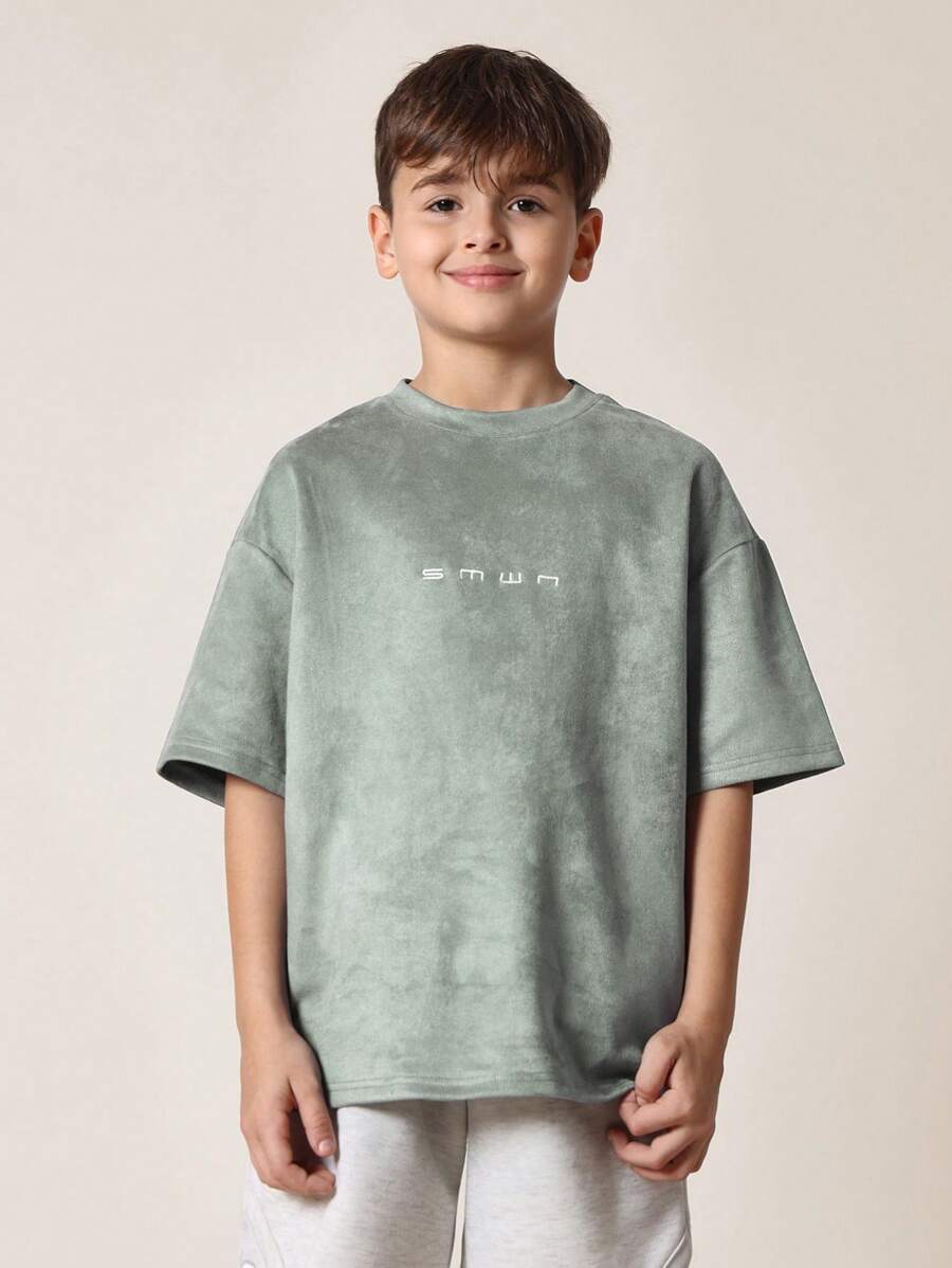 SUMWON Youth Oversize Suede T-Shirt Streetwear Urban Style Casual Summer Athletic Tee With Logo Design Wear Sporty Aesthetic - Green - View 1