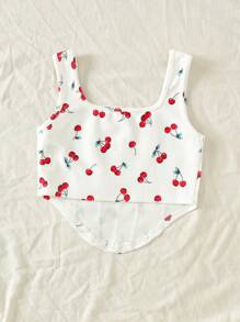 SHEIN Leap Crew Tween Girls Casual Cherry Print Square Neck Tank Top - White - View 5