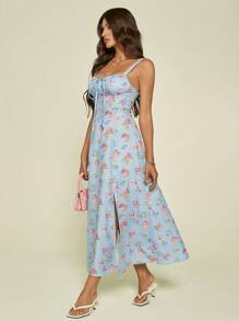 SHEIN Tall Vintage Garden Queue Patterned Square Neckline Sleeveless Ladies' Dress With Floral Bustier, Spring/Summer - Blue - View 5