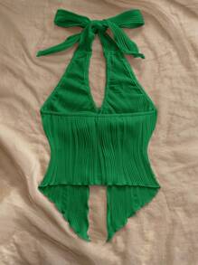 Soleia Casual Halter Tie-Up Metal Buckle Fitted Asymmetrical Hem Sleeveless Tank Top