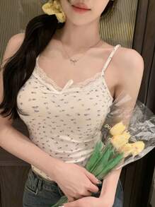 DAZY 夏季新款植物印花音乐节修身女士背心 - 白色 - 查看 1