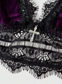ROMWE Gothic Velvet Lace Triangle Cup Bra & Thong Panty Set, For Valentine's Day - Purple - View 4