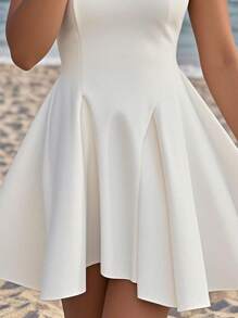 Slaydiva 新款春夏休闲优雅日常约会甜美宽肩带伞裙大露背白色A摆裙女小连衣裙-B - 白色 - 查看 10