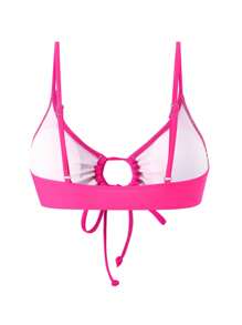 Swim Mod Women Beach, Simple Solid Color Front Tie Bikini Top For Vacation & Leisure For Summer - Hot Pink - View 2