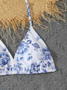 Teen Girls 3 Piece Floral Print Bikini Sets With Skirt, Fashion Casual Elegant Swimsuit Suitable For Swimming, Vacation, Summer Kids Swimming ,Kids Beachwear - Blue and White - View 4