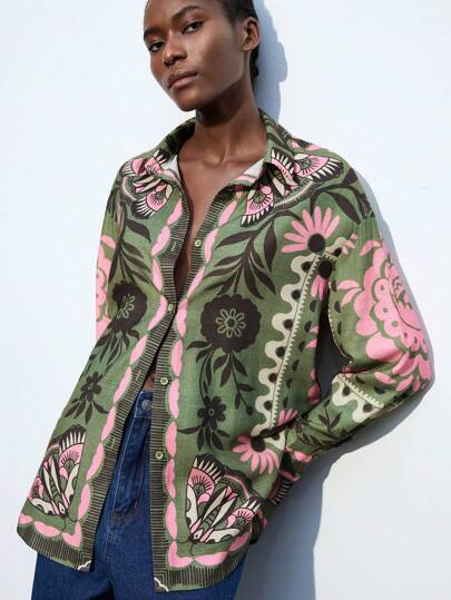 Maija 女士绿粉撞色休闲度假衬衫，简约花卉印花图案长袖宽松衬衫，浪漫时尚，百搭，适合度假，舒适的波西米亚风海滩装扮，秋季必备