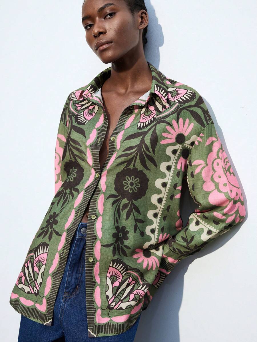 Maija Women's Green And Pink Contrast Color Casual Vacation Blouse, Minimalist Floral Print Pattern Long Sleeve Loose Shirt, Romantic And Fashionable, Versatile, Suitable For Vacation, Comfortable Bohemian Style Beach,Women Easter Summer Easter Women Party Top Beach Summer Holiday Beach Vacation Summer Going Out Graduation Casual Blouse Elegant Women's Blouses Casual Blouse For Women Formal Attire For Women Office Wear Women Business - Green - View 1