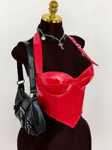 Amplova 女式简约修身休闲金属腰带装饰露背短款上衣