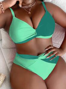 Slaydiva Costume da bagno a due pezzi con design a blocchi di colore e torsione, per taglie forti