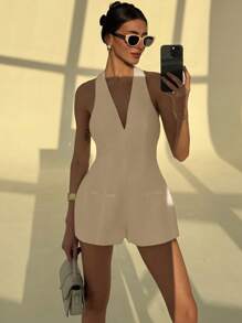 Aloruh Halter Neck Deep V Bodycon Flare Pants Jumpsuit - Khaki - View 7