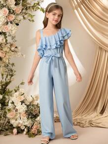 SHEIN Tween Girls Elegant Ruffle Trim Beaded Slip-On Jumpsuit With Belt, Summer - Baby Blue - View 5
