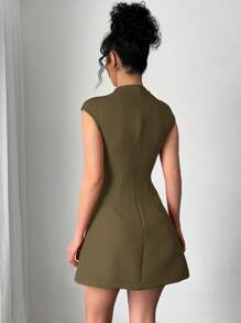 Firerie 新款婚礼季红色连衣裙小帽袖蝴蝶结装饰女士A字裙适合婚礼季伴娘服花园派对约会郊游等场合 - 軍綠色 - 查看 2