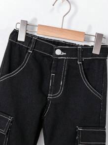 YOUNG BOYS Classic Black With White Stitching Loose Straight Leg Jeans, Dual Side Pockets, Graphic Hem Design, Casual School Style Boys Long Pants - Black - View 6