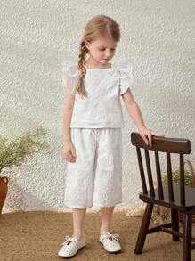 Blossori Young Girls' Elegant French Style White Embroidered Woven Blouse With Ruffle Sleeves & Matching Pants Suit, Spring/Summer