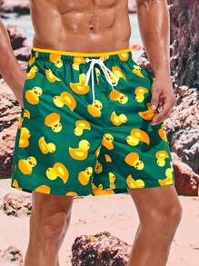 Manfinity Swimmode Men's Cartoon Duck Print Drawstring Waist Beach Shorts - Green - View 4