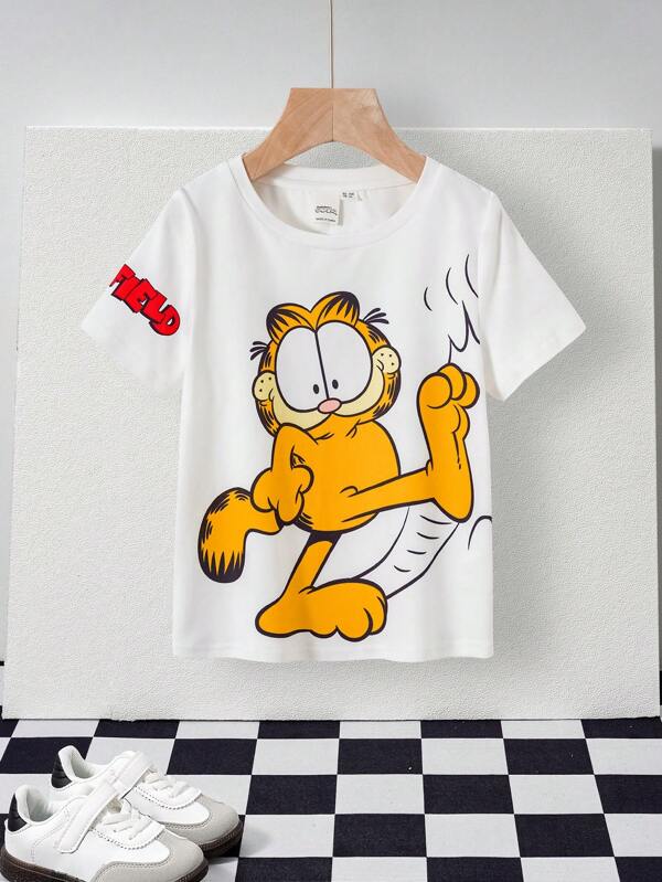 GARFIELD X SHEIN Maglietta casual bianca con stampa di gatto carino per bambini, adatta per tutte le stagioni