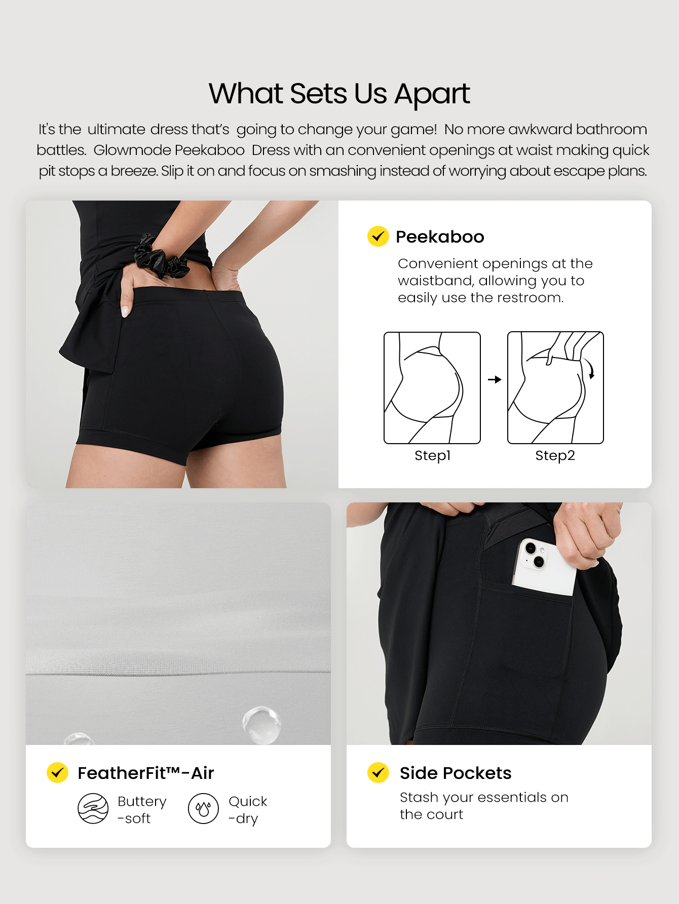 GLOWMODE FeatherFit™-Air Peekaboo 侧开衩下摆方领露肩连衣裙，内置短裤，低冲击瑜伽日常可拆卸罩杯 - 黑色 - 查看 2