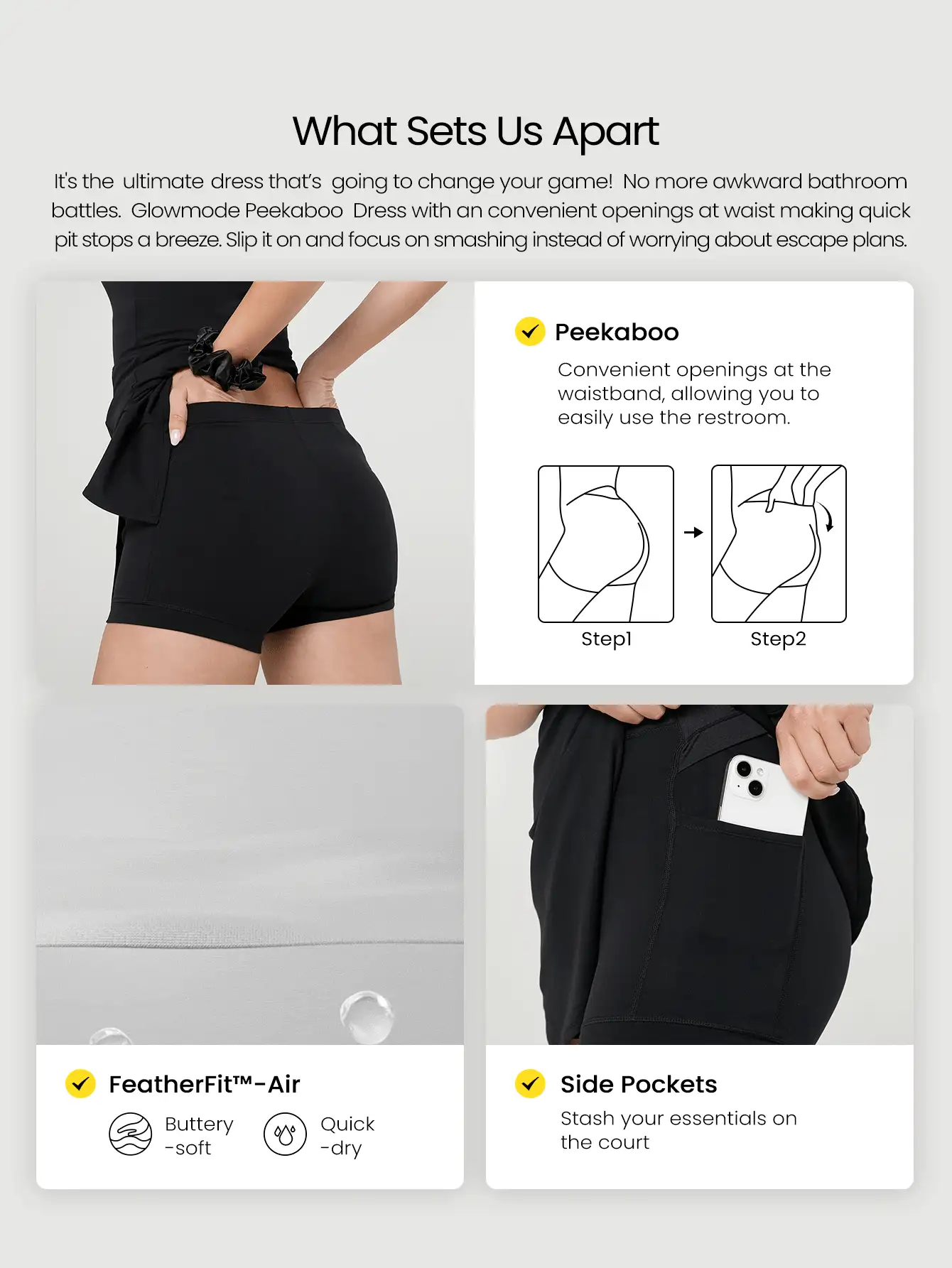 GLOWMODE FeatherFit™-Air Peekaboo 侧开衩下摆方领露肩连衣裙，内置短裤，低冲击瑜伽日常可拆卸罩杯 - 黑色 - 查看 2