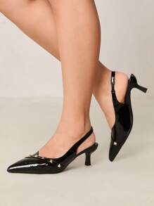 CUCCOO CURVES 加大宽度方头高跟鞋，优雅黑色缎面后带凉鞋，适合所有季节