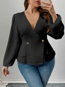 Celure Camicetta elegante e semplice da donna taglie forti, scollo a V, incrocio sul davanti, maniche a palloncino, vita stretta, adatta per primavera/autunno