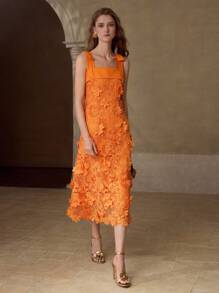 MOTF PREMIUM Vestido con detalles de lazo y aplicaciones de flores - Naranja - Ver 4