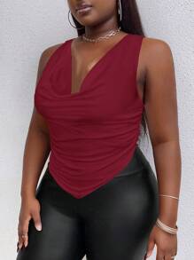 Maweii Plus Size Women Solid Color Draped Neck Fitted Fashion Tank Top - Red - View 3