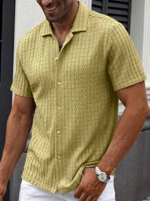 Manfinity CasualCool Camisa de hombre informal de manga corta cubana tipo pulóver, de malla texturizada de unicolor, para el verano