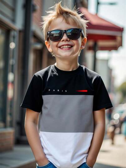 Young Boy Casual Minimalist English Slogan Graphic Black White Grey Contrast Color Round Neck Short Sleeve T-Shirt, Suitable For Summer