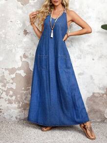 Breezaya Women's Long Denim Overall Dress With Dual Pockets - Blue - View 2