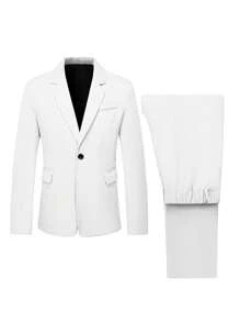 Manfinity Mode Men's Minimalist Solid Color Suit Jacket And Trousers Set White Men Suit