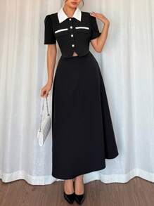 Chiquease Women's Elegant Commuter Solid Color Contrast Patchwork Polo Shirt Short Sleeve + Long A-Line Dress Set - Black - View 7