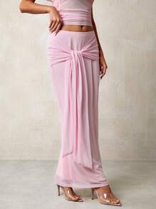 Glamine Women's Pink Mesh Lace-Up Maxi Skirt - Pink - View 6