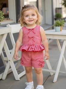 SHEIN Vintaside Kids 2 pezzi set di abbigliamento casual per bambina, composto da canottiera e pantaloncini a quadri, adatto per uscite all'aperto