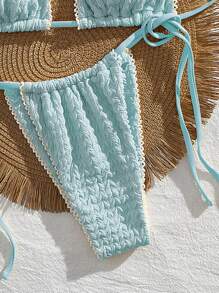 Swim Mod 2pcs/Set Spring Break New Arrival Cute Yellow Tie-Neck Sexy Low Back Ruffle Trim Bikini Swimsuit Set For Women For Summer Beach Vacation - Blue - View 4