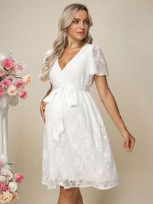 SHEIN Maternity Lace Splicing Ruffle Sleeve Elegant Dress Wedding Dress  Maternity Dress Baby Shower Maternity Wedding Guest Dress Elegant - White - View 4