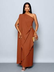 SOLERSUN 女士时尚优雅垂坠单肩长裙，配金色饰边细节 - 咖啡棕 - 查看 3