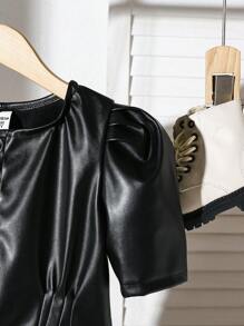 SHEIN Young Girl' Fashionable Casual Versatile Cool Round Neck Puff Sleeve Romper With Faux Leather Pants - Black - View 7