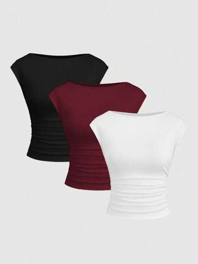 Sweetra 3件套性感露背透气吸湿排汗修身女式短袖上衣/T恤