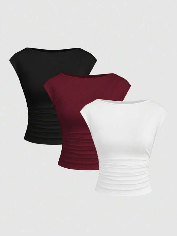 Sweetra 3pcs/Set Women Cutout Back Moisture-Wicking Breathable Fitted Short Sleeve Top & T-Shirt