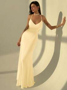 Aloruh 女士 V 领细肩带露背紧身美人鱼连衣裙，适合婚礼季节 - 黃色 - 查看 7