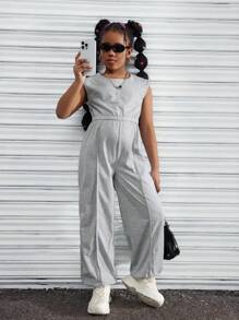 Tween 女童春夏休闲针织圆领无袖松紧腰连体裤、户外街头装哈伦裤 - 灰色 - 查看 4