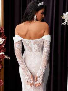 Glamrae Vestido de novia de cola de sirena con hombros descubiertos y encaje, con tren, para la novia