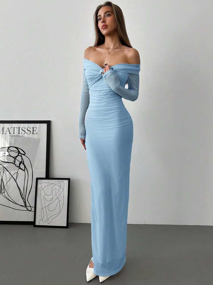 blue ruched long sleeve dress Bardot Liyana Ruched Mesh Dress in Dusty Blue