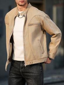 Manfinity LEGND Men's Khaki Denim Jacket With Stand Collar Zipper Details And Wrist-Length Sleeves