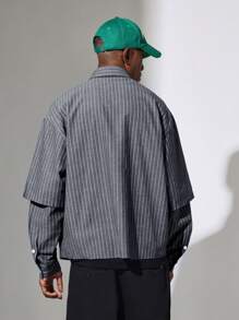 SUMWON Camisa de botones con mangas en capas y diseño de rayas profesional, uso casual de oficina apto para todas las estaciones, con un ajuste clásico y un moderno patrón de rayas