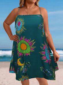 SHEIN Holidaya 大码复古印花挂脖式休闲度假连衣裙