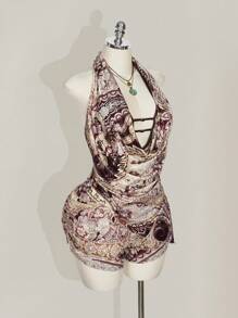 SHEIN ICON Plus Size Bohemian Style Print Halter Asymmetrical Hem 2pcs Set, Backless Crop Top & Shorts, Western Style Outfit - Multicolor - View 6